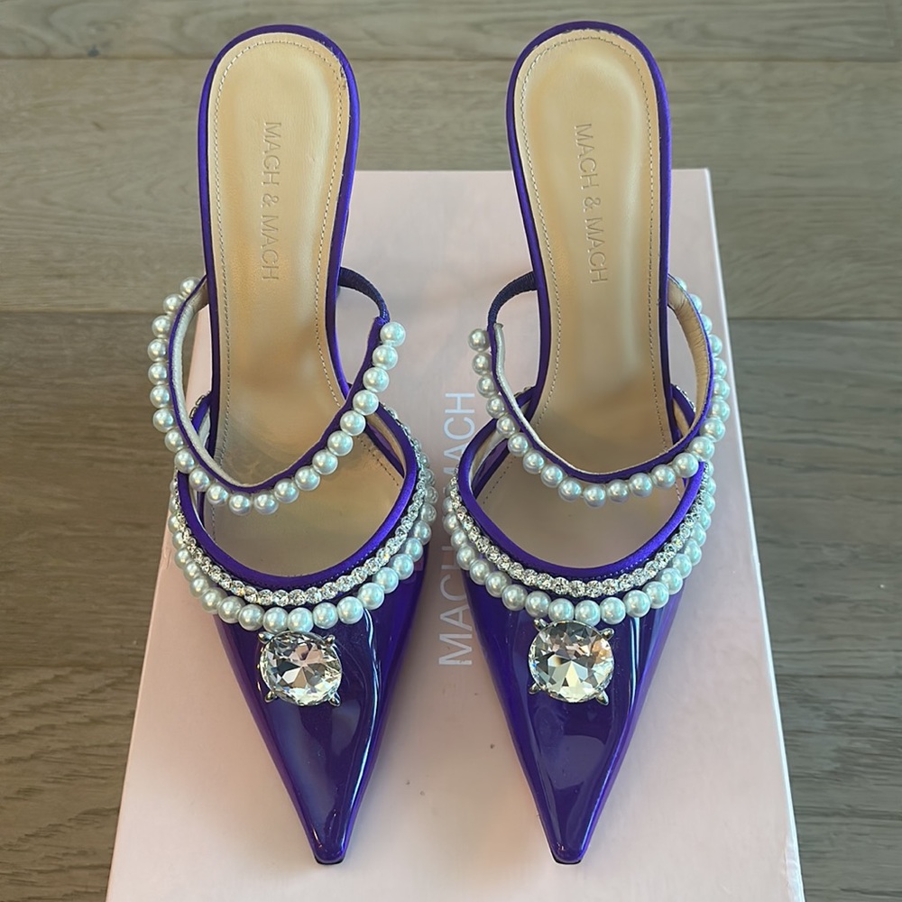 MACH & MACH Purple Patent Pointed Mules with Pearl Straps